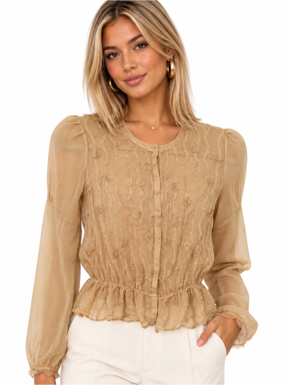 Vintage Y2K William B Women's 100% Silk Sheer Embroidered Blouse - Beige Size 4